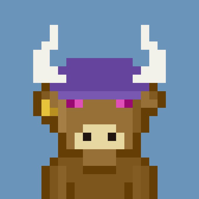 Pixel art of a brown, furry creature (resembling a yak or cow) wearing a purple helmet with white horns, set against a blue background.