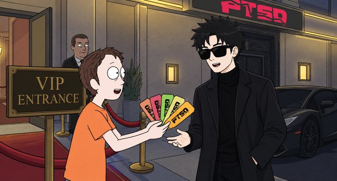 An animated cartoon scene showing Morty from Rick and Morty handing tickets to an anime-style character in black wearing sunglasses outside a VIP entrance with 'FTSD' signage.