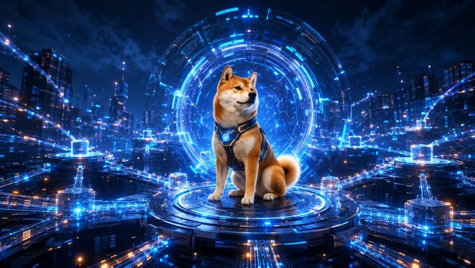 A Shiba Inu dog, the iconic mascot of the SHIB cryptocurrency, sits on a futuristic, glowing blue circular platform surrounded by a high-tech digital cityscape, visually representing the Shibarium ecosystem referenced in the article about its recent 74% growth.