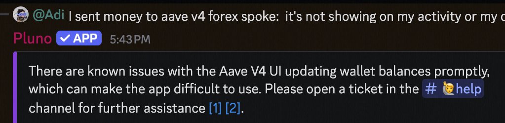 The image shows a screenshot of an email conversation between two people discussing their Aave V4 account balances. The person who sent the email has deposited $10k into the account, but they are experiencing issues with the app due to bugs. They have reached out for assistance and are asking for help in resolving the problem.