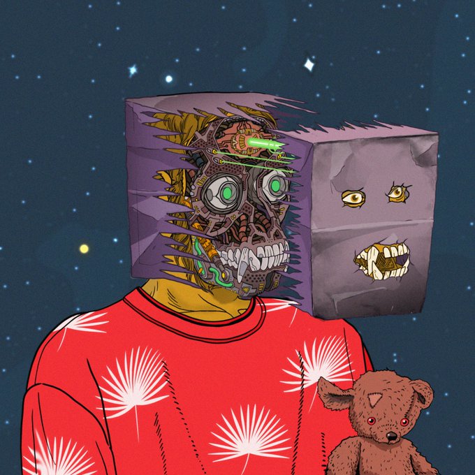 A digital illustration showcases a stylized NFT character featuring a man wearing a purple box-like mask that reveals a skull face with glowing green eyes, paired with a plain block-headed figure beside him, set against a starry night background. The vibrant artwork highlights the designer's skill in detailed character work, aligning with the post's promotion of graphic design services for logos, banners, and streaming packages.