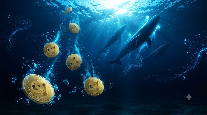 An underwater scene featuring dolphins swimming alongside falling Dogecoin coins with light rays streaming through the water.