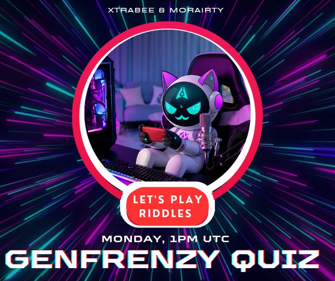 A promotional graphic for 'GENFRENZY QUIZ' hosted by XTRABEE & MORAIRTY on Monday at 1PM UTC, featuring a cartoon cat character with headphones holding a controller, with a 'LET'S PLAY RIDDLES' button.