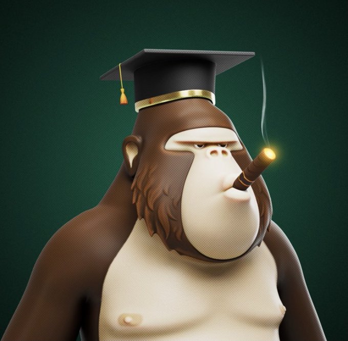 A 3D rendered ape wearing a graduation cap with gold trim, smoking a cigar with smoke rising, set against a dark green background.
