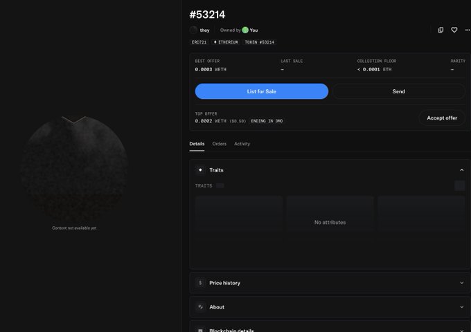 A dark NFT marketplace listing page for token #53214 titled 'they', owned by 'You', with a 'List for Sale' button and traits showing 'No attributes'.