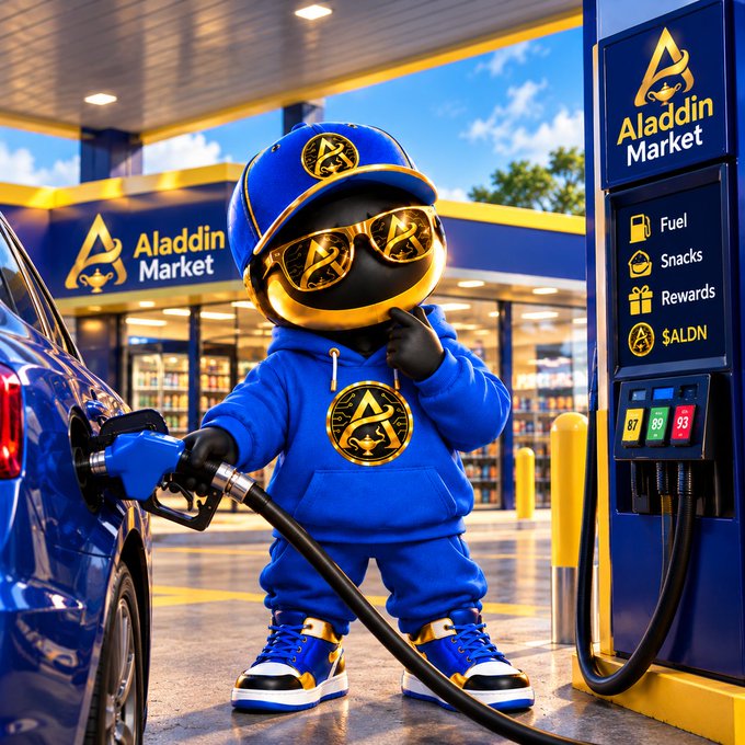 A stylized mascot in a blue-and-yellow outfit stands at an “Aladdin Market” gas pump holding a fuel nozzle beside a blue car; the pump lists “Fuel,” “Snacks,” “Rewards,” and “$ALDN.”