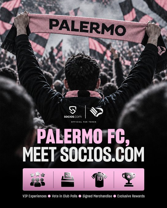Socios.com promotional graphic for Palermo FC featuring a fan holding a 'PALERMO' scarf, advertising VIP experiences, polls, signed merchandise, and exclusive rewards.