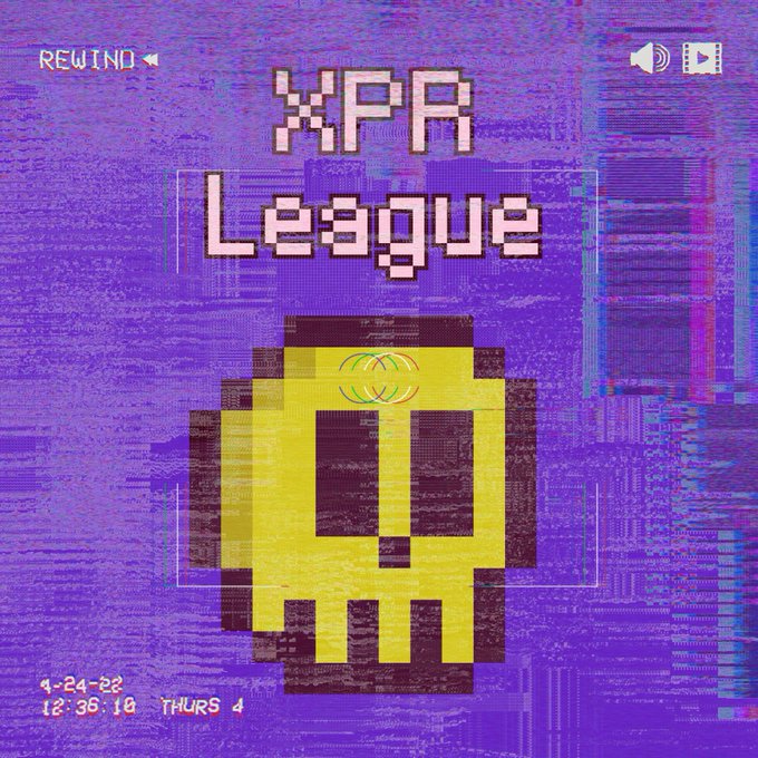 A retro, glitch-effect digital graphic titled 'XPR League' featuring a yellow pixelated character and a timestamp reading '4-24-22 12:36:10 THURS 4'.