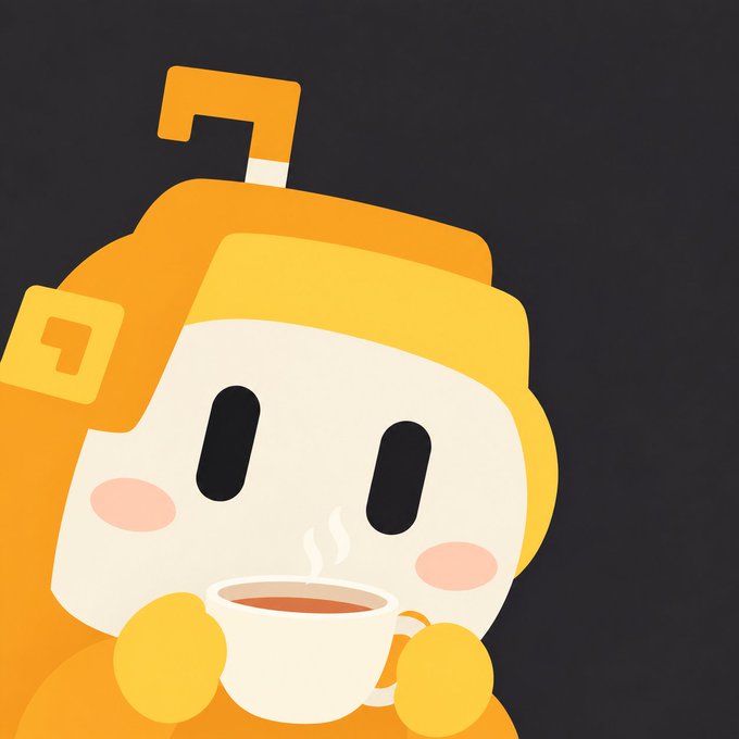 A cute cartoon character in a yellow hazmat-style suit holding a steaming cup of coffee against a dark background.