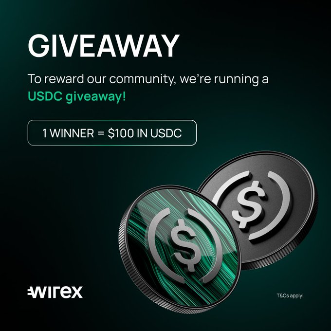 The image is a Wirex (wirexapp) promotional graphic announcing a USDC giveaway, featuring the headline "GIVEAWAY — 1 WINNER = $100 IN USDC" alongside two stylized USDC coins on a dark green background, visually reinforcing the $100 USDC prize mentioned in the accompanying giveaway post.