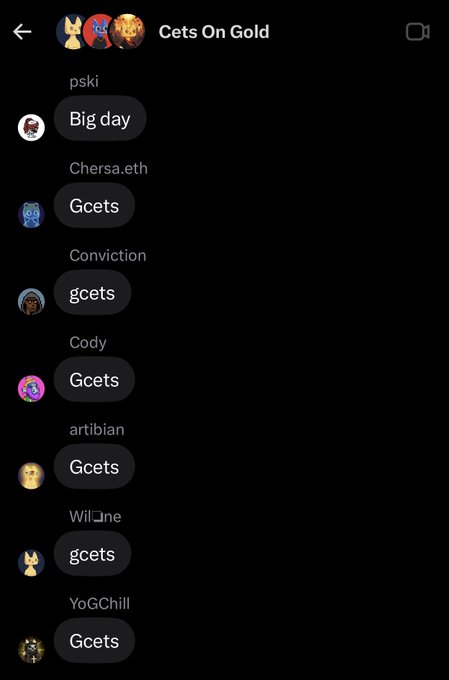 A group chat screenshot titled 'Cets On Gold' showing various participants sharing messages like 'Big day' and 'Gcets'.