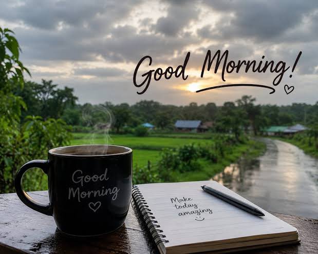 A scenic 'Good Morning!' greeting image showing a steaming black coffee mug labeled 'Good Morning' with a heart, sitting beside a spiral notebook with 'Make today amazing' written in it and a pen, set against a cloudy sunset over a wet road and green fields.