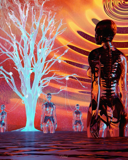 A surreal sci-fi illustration showing a glowing cyan tree beside several translucent humanoid figures, with a large metallic statue-like figure in the foreground against a fiery orange sky featuring a swirling portal.