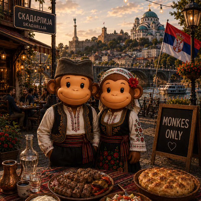 Two cartoon monkeys in traditional Serbian folk costumes stand at an outdoor cafe in Skadarlija (Belgrade), with a sign reading 'MONKES ONLY', the Serbian flag, and a table of food in the foreground.