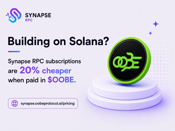 A promotional graphic for 'SYNAPSE RPC' with the text 'Building on Solana?' and 'Synapse RPC subscriptions are 20% cheaper when paid in $OOBE,' featuring a green and black 3D coin emblem.