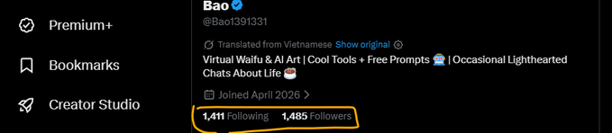 A Twitter/X profile screenshot of user 'Bao (@Bao1391331)' showing 'Translated from Vietnamese' bio about Virtual Waifu & AI Art, with 1,411 Following and 1,485 Followers highlighted in yellow.
