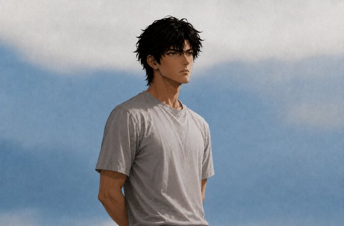 An artistic illustration of a young man with messy dark hair, wearing a gray t-shirt, against a cloudy sky background.
