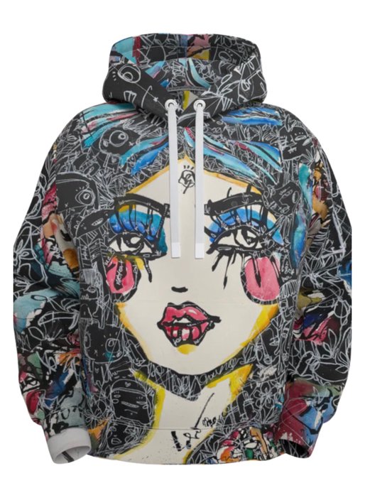 A hoodie featuring colorful graffiti-style artwork of a woman's face with striking blue eyeshadow, pink cheeks, and red lips, surrounded by abstract doodles.