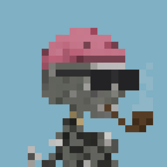A pixel art character from the Argonauts NFT collection, featuring a distinctive pink and dark-colored figure against a light blue background, representing one of the digital collectibles that was sold for 20 ETH.