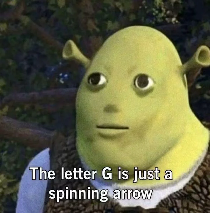A green animated character with an uncertain expression stands in front of trees, with a caption reading "The letter G is just a spinning arrow."