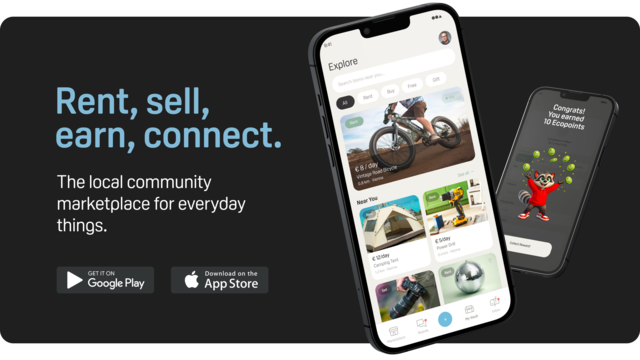 The image is a promotional banner for a local community marketplace app, featuring the tagline "Rent, sell, earn, connect," with app store badges for Google Play and the App Store, and shows mobile screens displaying listings like a KTM bike rental and a tent, plus a "Congrats! You've earned 10 Eloopoints" notification. It visually represents the iVault app's user-facing marketplace platform, tying into the announcement of its rapid growth to 170,000 installs and upcoming AI and partnership expansions.