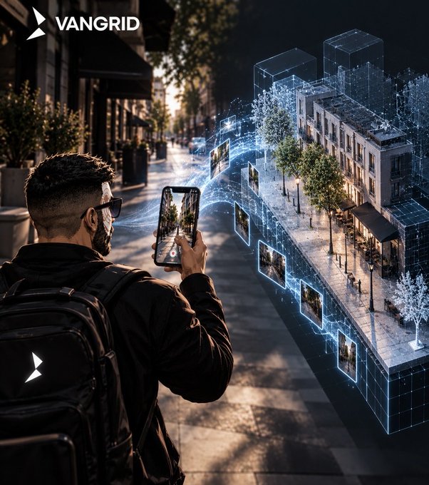 A promotional image for VANGRID showing a person holding a smartphone with holographic building data floating above a city street.