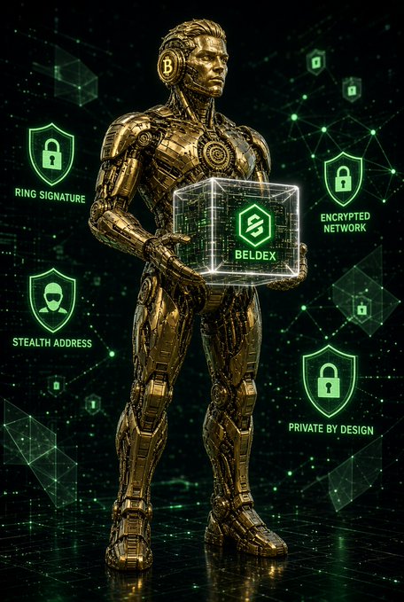 A digital illustration of a golden robotic figure holding a glowing cube labeled 'BELDEX', surrounded by green icons highlighting privacy features like 'RING SIGNATURE', 'STEALTH ADDRESS', 'ENCRYPTED NETWORK', and 'PRIVATE BY DESIGN'.