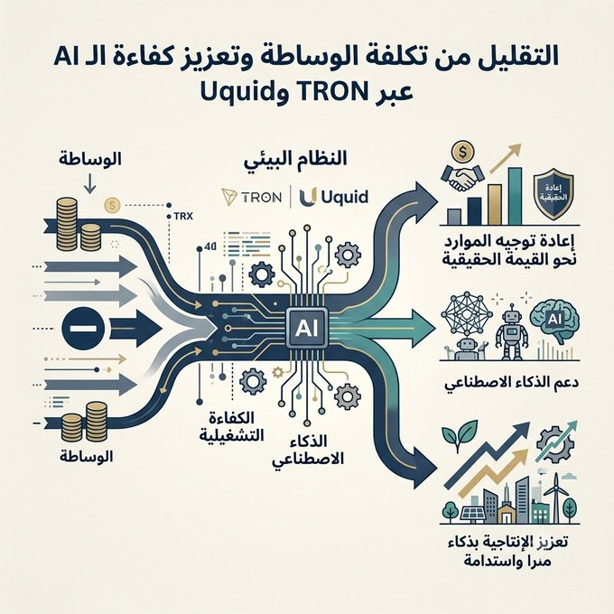 The image is an Arabic infographic titled "Reducing mediation costs and enhancing AI efficiency via TRON and Uquid," depicting a flowchart where resources (coins labeled "الوساطة"/mediation) are processed through TRON and Uquid's underlying infrastructure, then channeled through AI-powered operational intelligence and smart efficiency into three outcomes: reallocating resources toward real value, supporting the AI industry, and boosting sustainable smart economies.