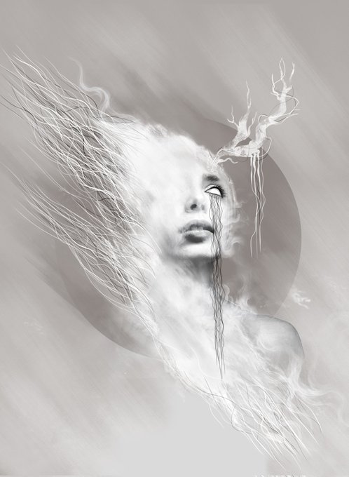 Ethereal black and white artwork of a woman's face with flowing, wispy hair-like tendrils extending from her head, creating a ghostly, surreal effect.