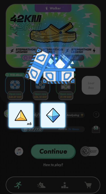 A screenshot of the STEPN move-to-earn app showing a '42KIII STEPNATHON LEGEND' sneaker with a loot box opening animation revealing 6 yellow gems and 1 blue gem, with a 'Continue' button at the bottom.