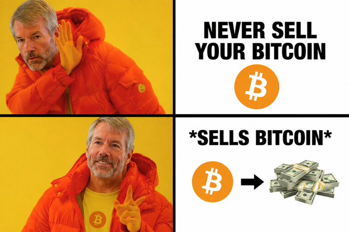 The image features a man wearing an orange jacket, with his hand raised over his face as if he's about to say something. The background of the image is yellow, which contrasts with the man's red jacket. Below this scene, there are two posts on social media platforms, one of them being a meme that reads "Never sell your Bitcoin unless you're Michael Saylor and you need to sell your Bitcoin".