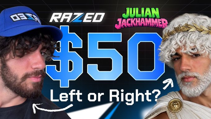 A YouTube-style thumbnail titled '$50 Left or Right?' featuring a man in a blue cap labeled 'RAZED' on the left and a 'JULIAN JACKHAMMER' figure dressed as a Greek god on the right.