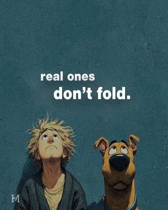 An illustration of a blonde boy and a brown dog (resembling Shaggy and Scooby-Doo) looking upward, with the text 'real ones don't fold.'