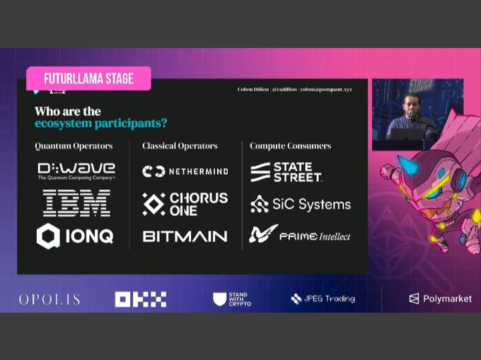 A presentation slide titled 'FUTURLLAMA STAGE' listing ecosystem participants categorized into Quantum Operators (D-Wave, IBM, IONQ), Classical Operators (Nethermind, Chorus One, Bitmain), and Compute Consumers (State Street, SiC Systems, Prime Intellect), with sponsor logos including OKX, Stand With Crypto, Polymarket, and Opolis at the bottom.