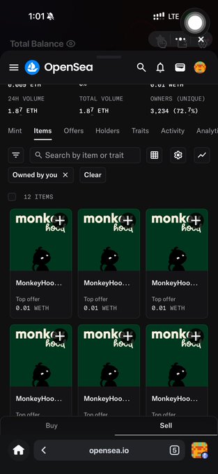 Mobile screenshot of the OpenSea NFT marketplace showing 12 'monke' NFT items with a top offer of 0.01 WETH each.