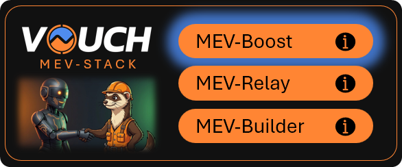 Promotional banner for 'VOUCH MEV-STACK' featuring a robot and cartoon character, listing services: 'MEV-Boost', 'MEV-Relay', and 'MEV-Builder'.