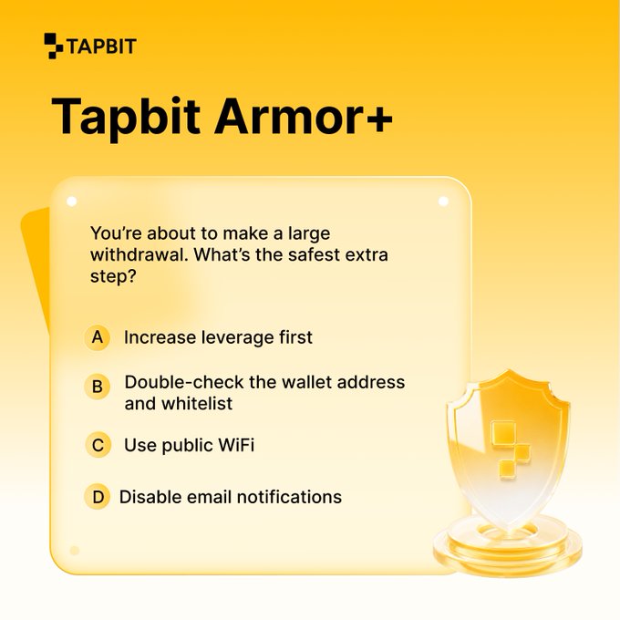 A Tapbit 'Armor+' security-themed graphic with a multiple-choice question about safely making a large withdrawal, where the correct answer is B: 'Double-check the wallet address and whitelist.'