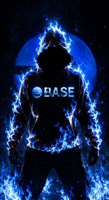 A dramatic digital artwork depicts a hooded silhouette engulfed in blue flames with the text 'BASE' glowing on the figure's chest.