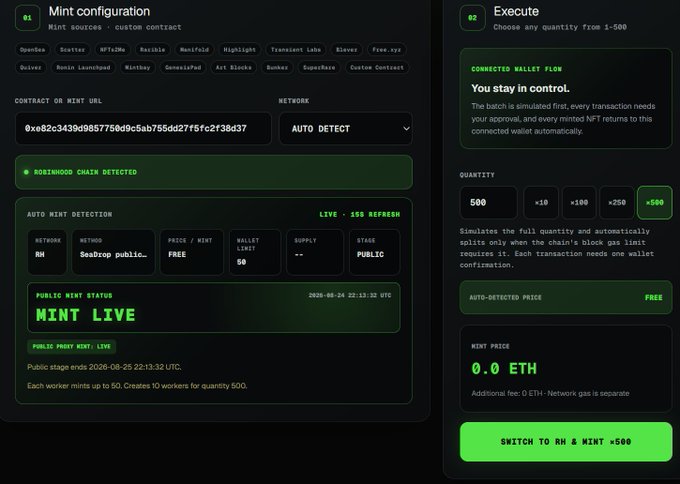 A dark-themed custom NFT minting dashboard built with code, displaying a "Mint configuration" panel with a Rosehood Chain contract (0xe82c34390987750d9c5ab755dd27f5fc2f38d37) set to "MINT LIVE" at 0.0 ETH, alongside an "Execute" panel with a 500-quantity mint button, showcasing the creator's self-built minting bot and manual NFT bundler capabilities.
