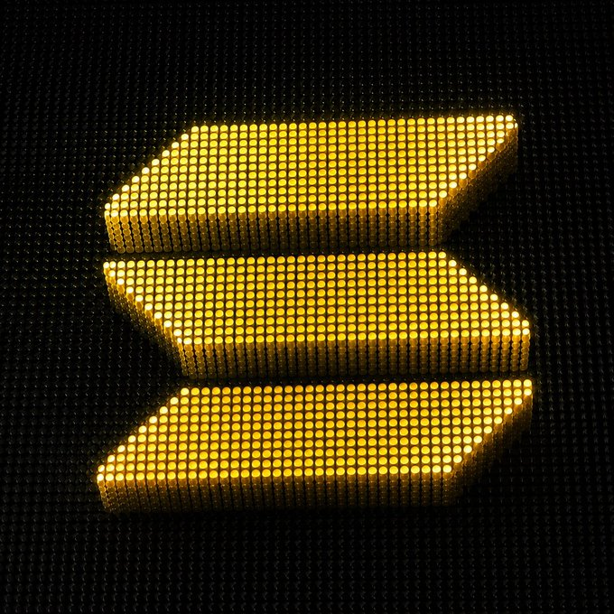 A glowing yellow pixelated logo consisting of three horizontal bars of varying widths, arranged in a stacked pattern against a dark dotted background, serves as the visual emblem for Solana, the blockchain platform referenced in the warning about exposing wallet addresses on social media.