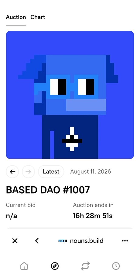 A mobile screenshot of an auction page for "BASED DAO #1007" showing a blue pixel art character, with the auction ending in 16h 28m 51s on August 11, 2026.