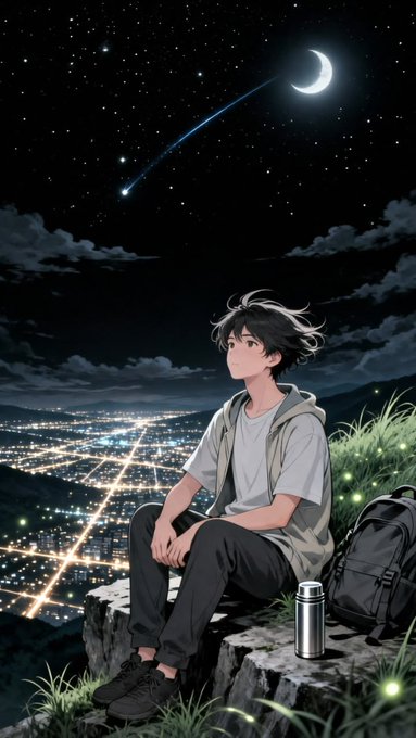A young man sits on a cliff edge under a starry night sky with a crescent moon and shooting star, gazing out over a glowing city below. The image evokes quiet reflection, mirroring the post's message about using the time you already have with purpose.