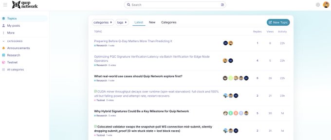 The Quip Network forum interface showing the Latest topics feed with cryptocurrency-related discussion threads including 'Preparing Before D-Day Matters More Than Predicting It' and various research posts.