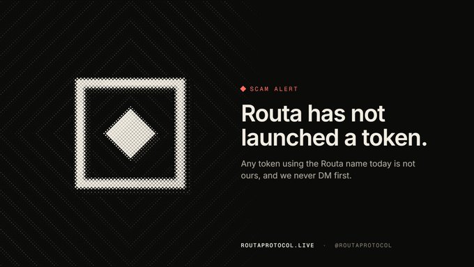 A black warning graphic states 'SCAM ALERT: Routa has not launched a token.' with text warning that any token using the Routa name is not legitimate, labeled ROUTAPROTOCOL.LIVE and @ROUTAPROTOCOL.