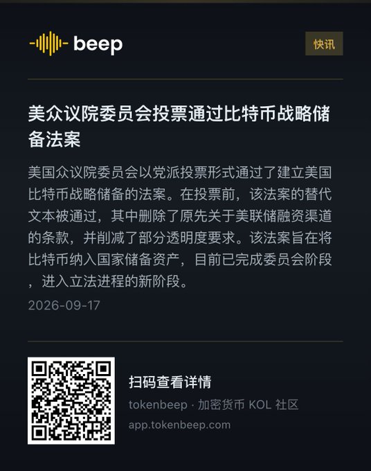 A Chinese-language news graphic from 'beep' dated 2026-09-17, with a '快讯' (breaking news) tag, reporting that the U.S. House Committee passed a bill to establish a strategic Bitcoin reserve, with a QR code linking to app.tokenbeep.com.