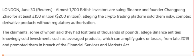 A Reuters news article dated June 30 from London reporting that nearly 1,700 British investors are suing Binance and founder Changpeng Zhao for at least £150 million ($200 million), alleging the crypto platform sold unauthorized leveraged derivative products in breach of UK financial regulations.