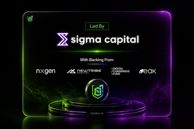 A promotional graphic for "sigma capital" led investment, featuring a glowing green and purple design with backing from nxgen, neutribe capital, Digital Consensus Fund, and peak, displaying be1dex.io.