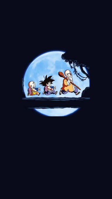 A cartoon illustration of three Dragon Ball characters (Krillin, Gohan, and Master Roshi with his staff) walking in front of a large blue full moon against a dark sky.