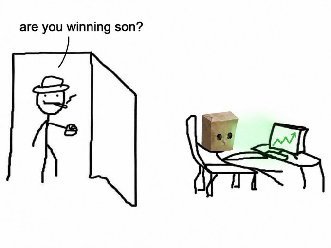 A stick-figure meme showing a father in a hat peeking through a doorway asking 'are you winning son?' to a child at a computer whose head has been replaced by a cardboard box with a sad face.