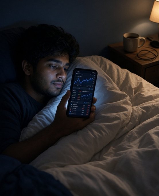 A young man lies in bed in a dimly lit room, illuminated by the glow of his smartphone as he looks at a financial trading app displaying stock charts and market data.